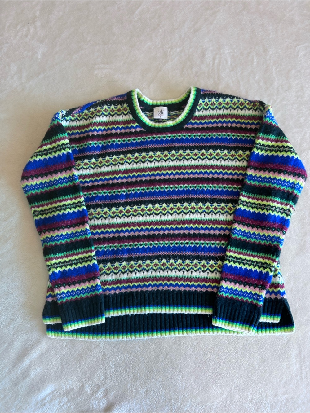 CAbi Multicolor Fair Isle Crewneck Sweater - Navy, Lime, Blue, Purple, Pink